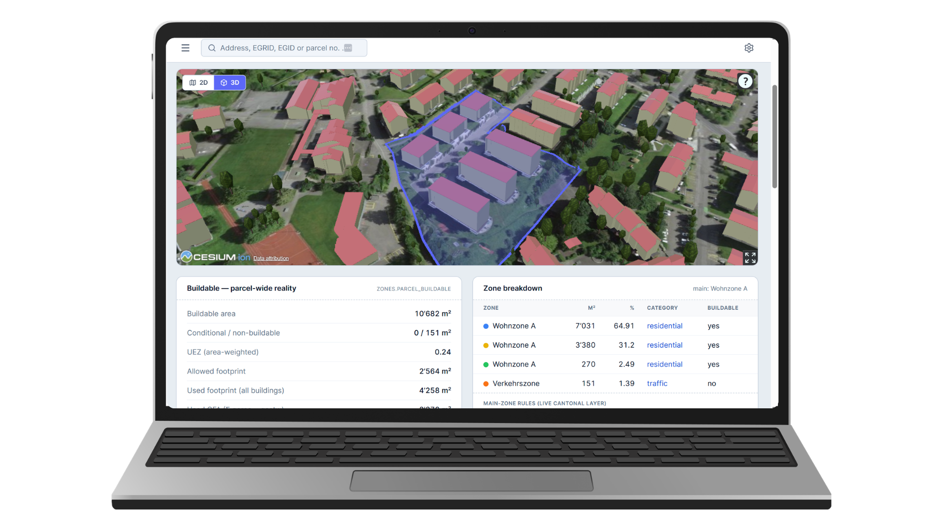 3D parcel view with zone breakdown and buildable reality panel